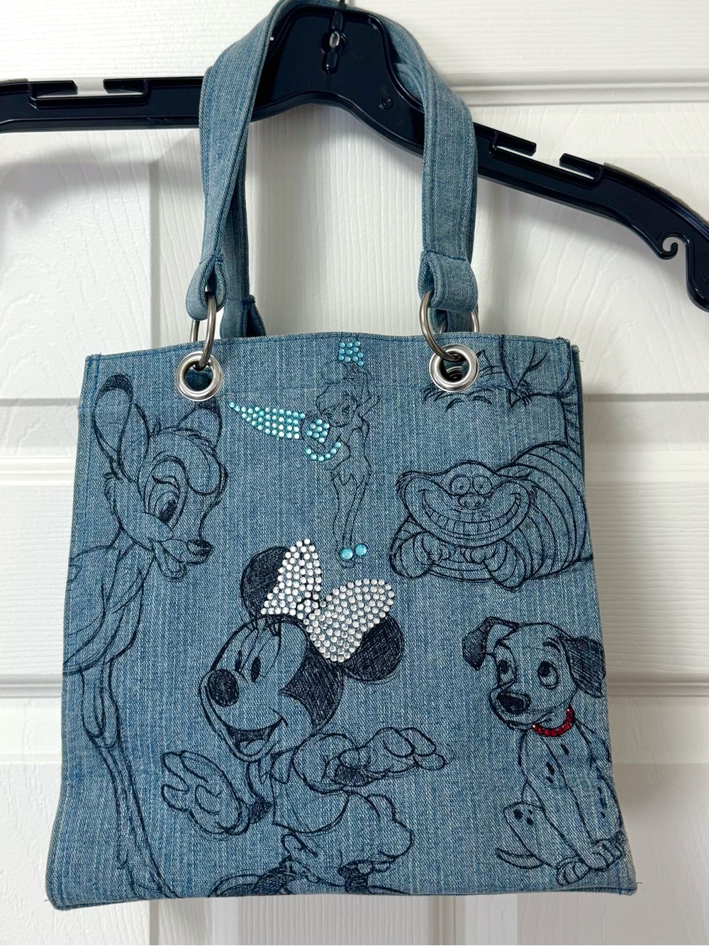Disney Denim Blue Sketch Characters Tote with Rhinestone Bow Accent